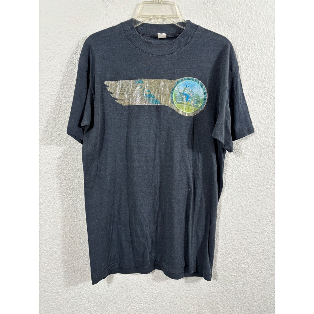 Vintage 70s Mens Graphic T Shirt Biker Wing Design‎ Black 50 Polyester 50 Cotton